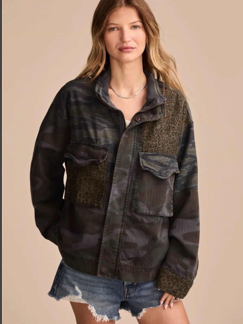 Lucky Brand Patchwork Camo & Leopard Boxy Utility Jacket XL